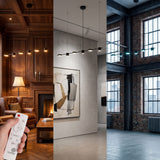 Sistema de iluminacion lineal led instalada en sala de estar con techos altos y diseño minimalista.