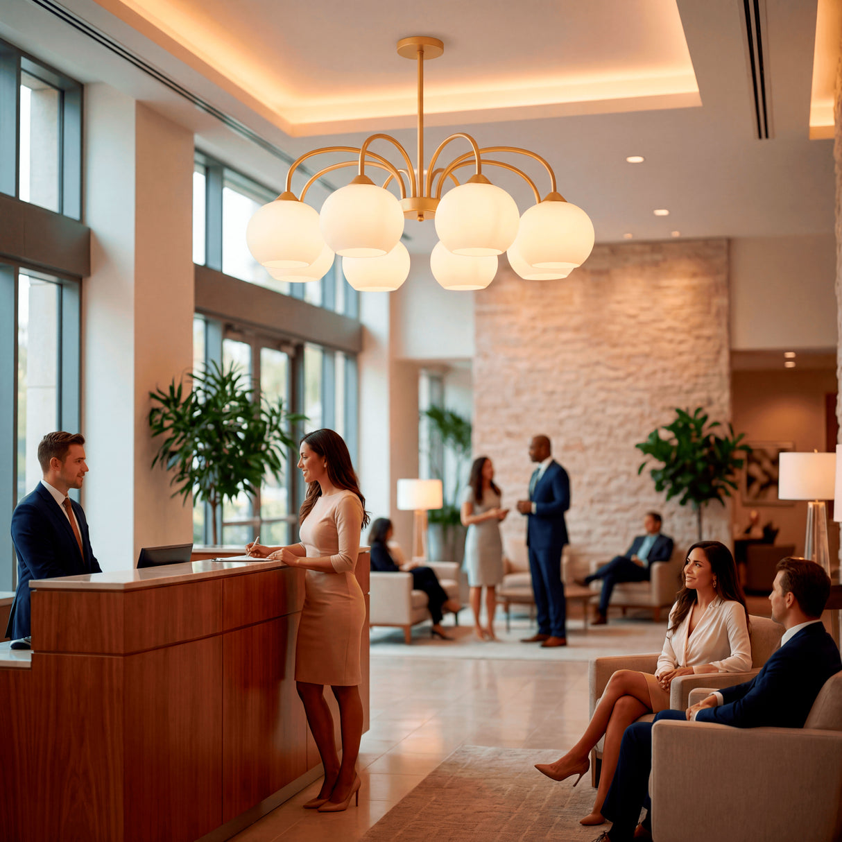 Lámpara de techo Victoria Gold en la recepción elegante de un hotel con clientes.