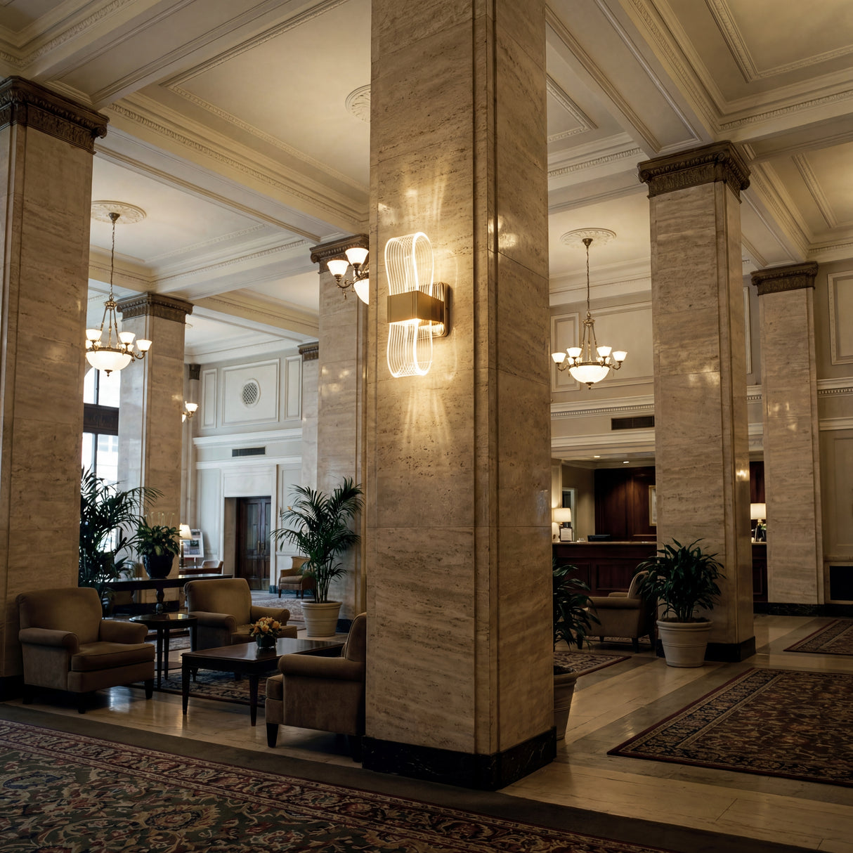 Columnas de lobby de hotel iluminadas verticalmente con apliques LED Flow Gold.