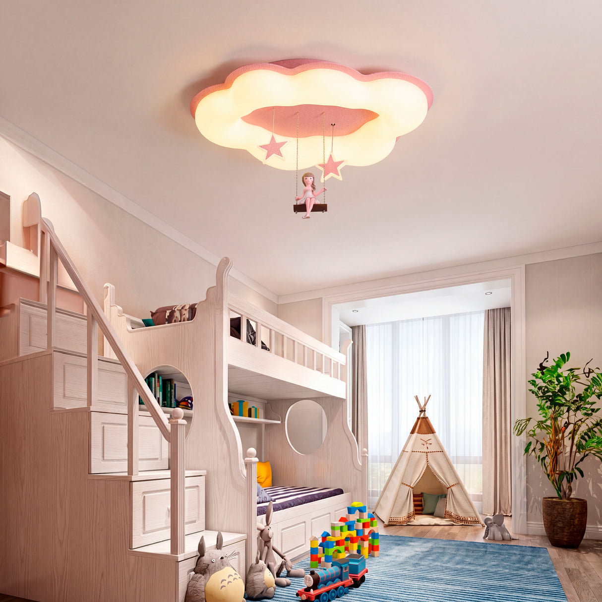 Lámpara de nube en habitación con cama nido y zona de juegos activa.