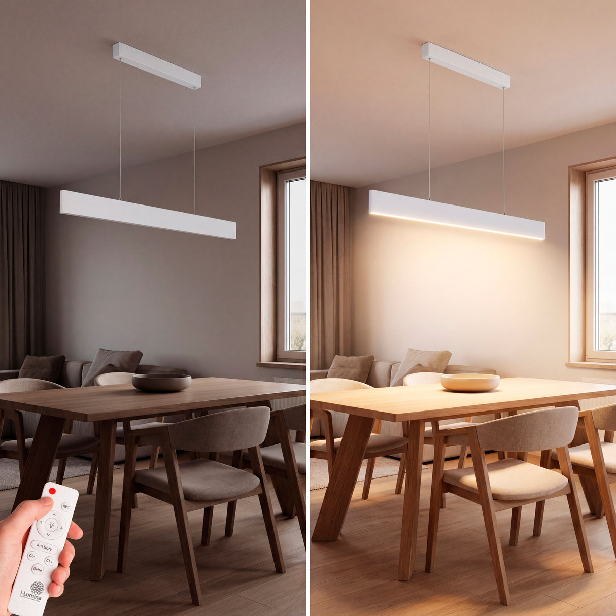 Lámpara Barbara White sobre mesa de comedor de madera creando un ambiente acogedor.