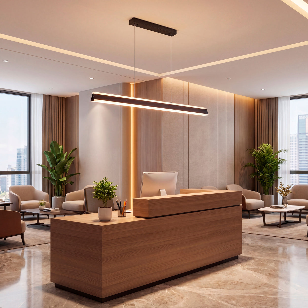 Lámpara Dallas de 120cm iluminando recepción de hotel con mobiliario de madera y mármol.