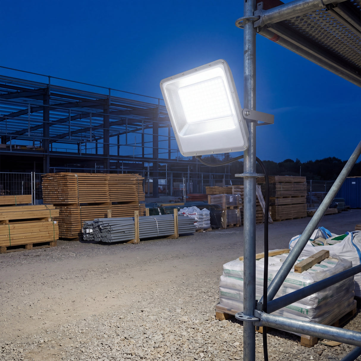 Proyector de alta intensidad instalado temporalmente en una estructura de construcción nocturna.