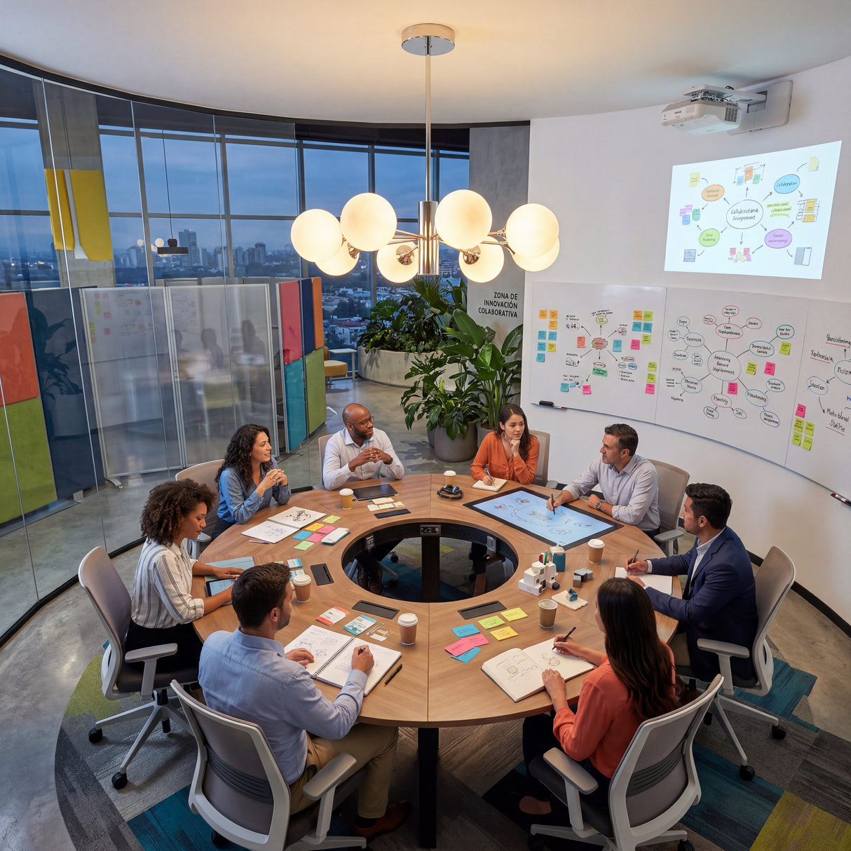 Iluminacion para oficina creativa o sala de reuniones con lampara sputnik cromada