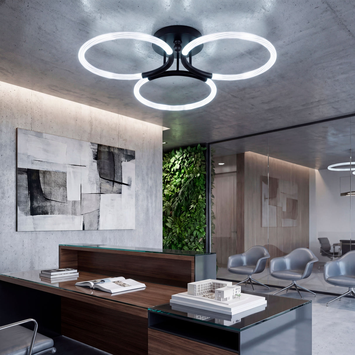 Solución lumínica para despachos ejecutivos con mobiliario de diseño y luz fría.