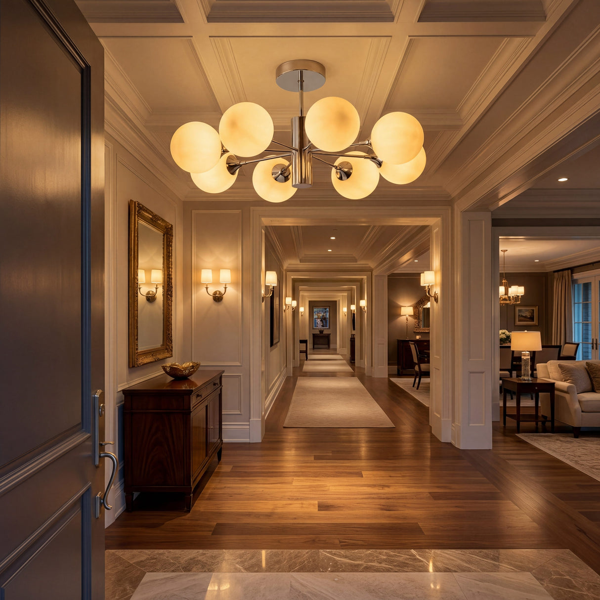 Iluminacion para pasillo o galeria de estilo contemporaneo con lampara de esferas