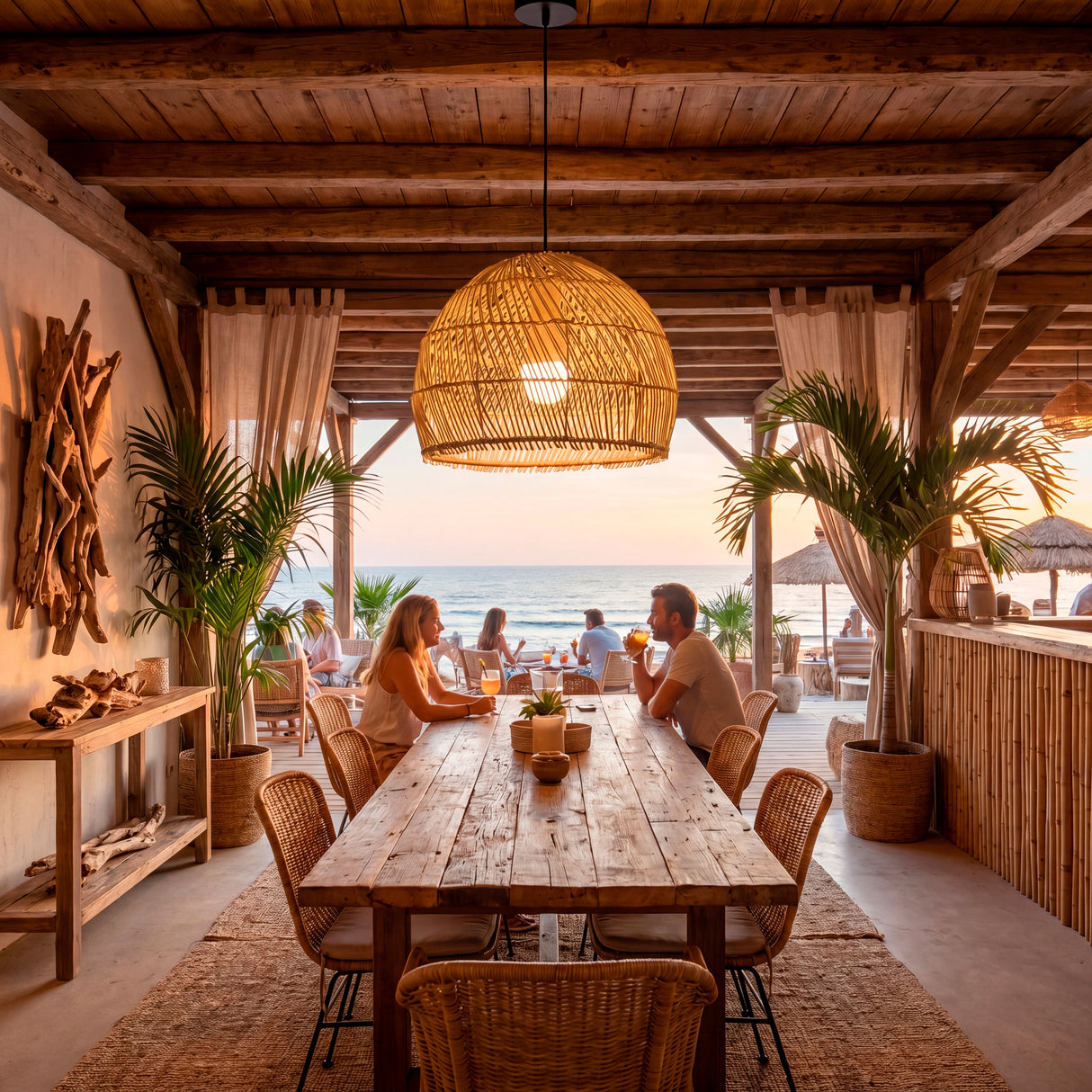 Lámpara colgante en terraza techada con vistas al mar durante la hora dorada.