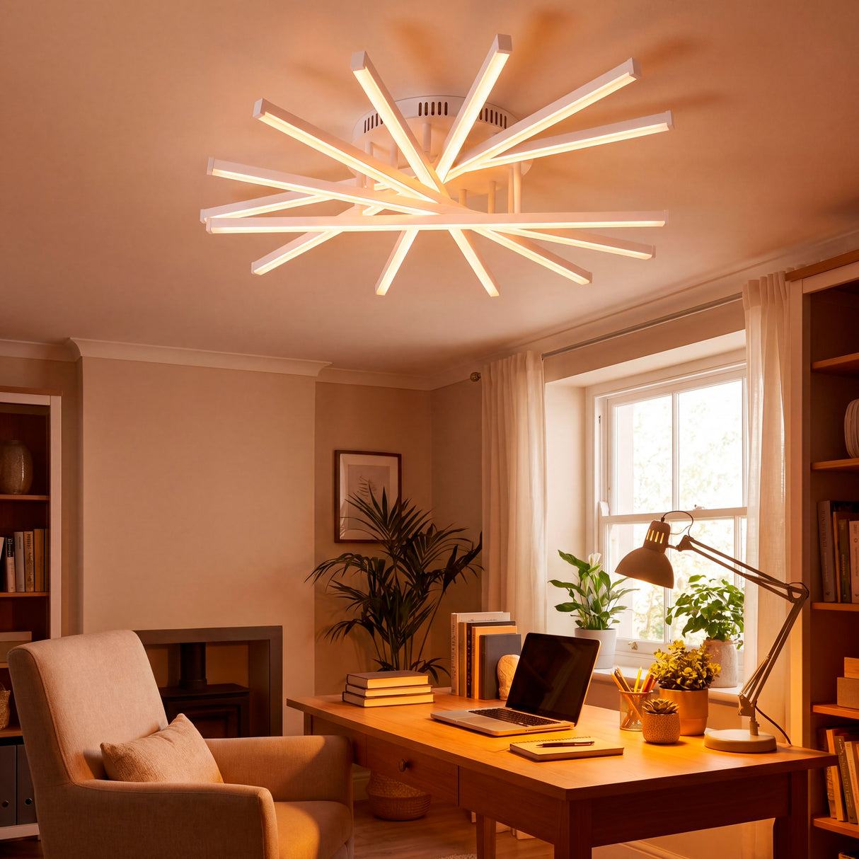 Luz técnica radial sobre escritorio de madera para un ambiente de trabajo equilibrado.