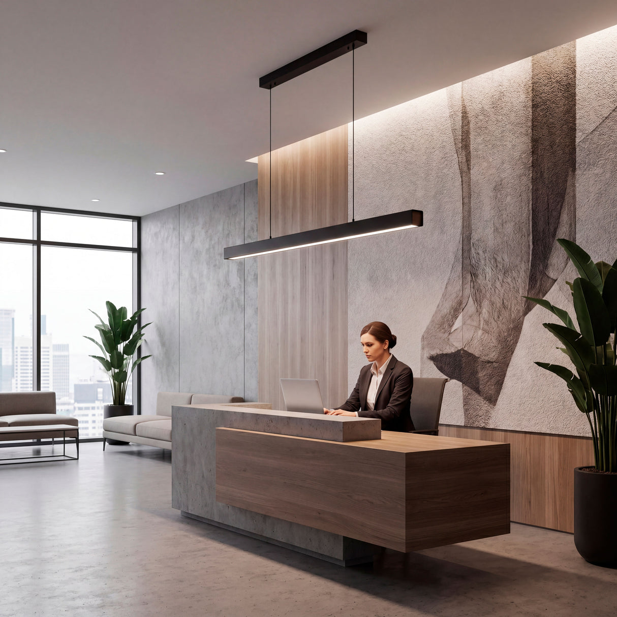 Lámpara Marsella Black instalada en mostrador de recepción de diseño con luz de acento.