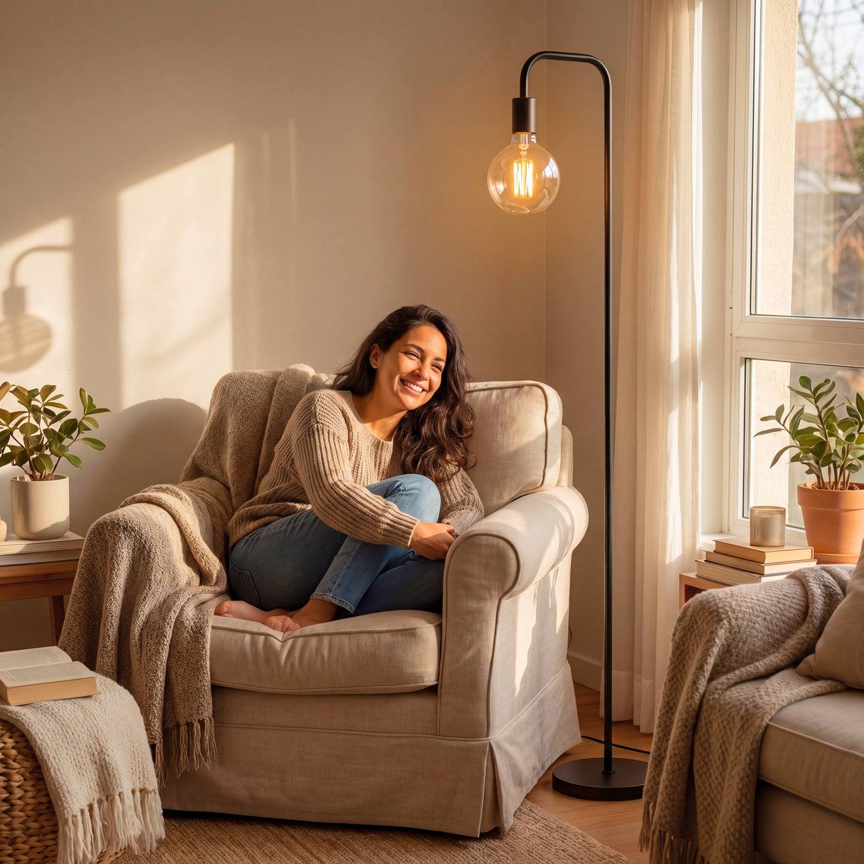 Iluminación técnica residencial con luz cálida en zona de lectura familiar con estética actual.