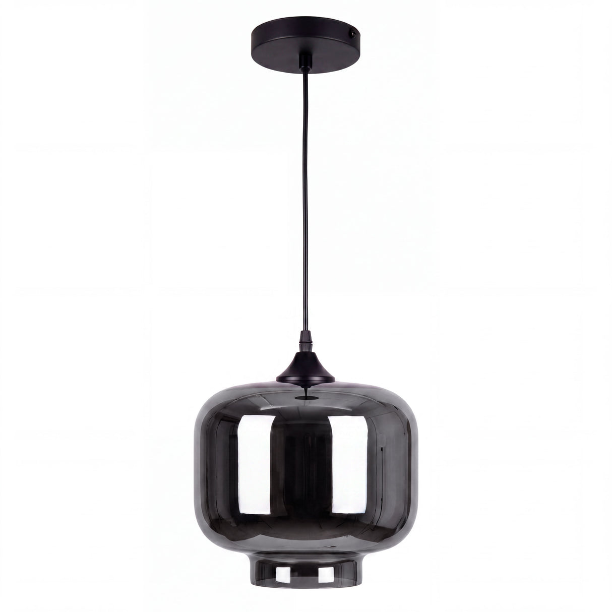 Vista frontal exenta de luminaria de techo contemporánea con herraje metálico superior negro.