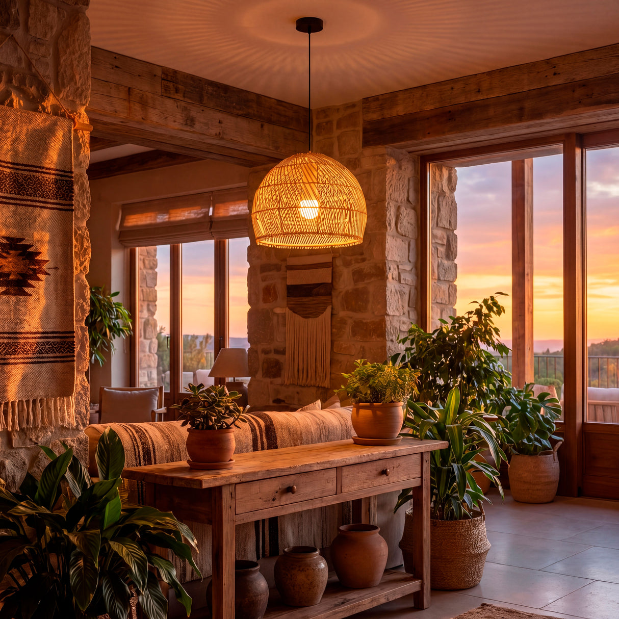 Colgante de mimbre en salón de montaña con muros de piedra y decoración artesanal.