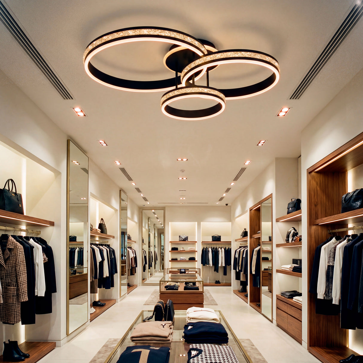 Plafón LED de tres aros negros con efecto diamante en tienda de moda de alta gama.