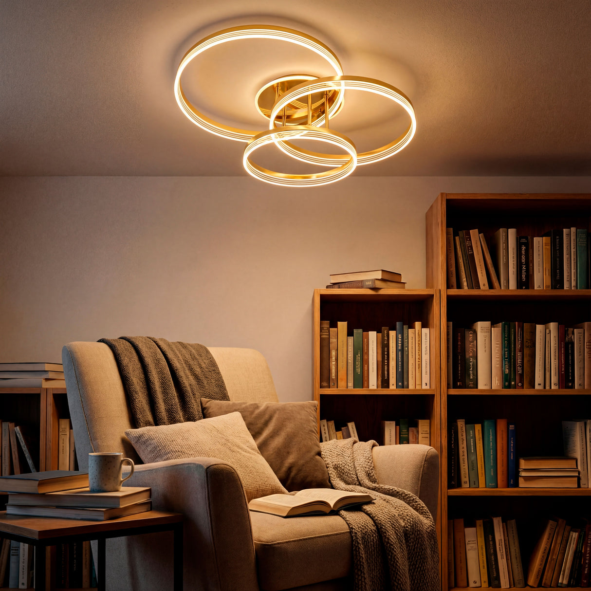 Plafón LED dorado sobre sillón de lectura en estancia con estanterías de libros.