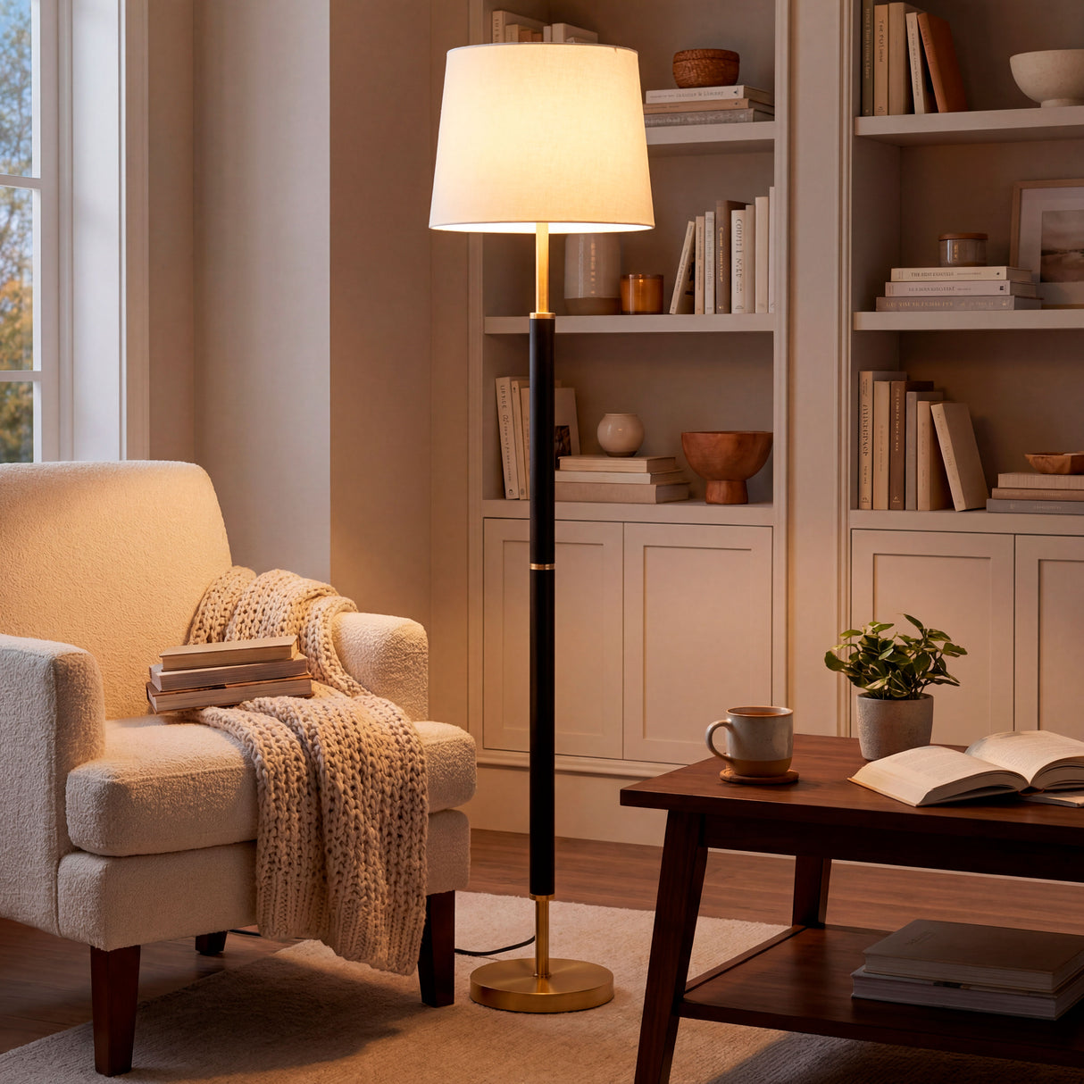 Lámpara decorativa junto a un sillón blanco y estantería de libros en un estudio.