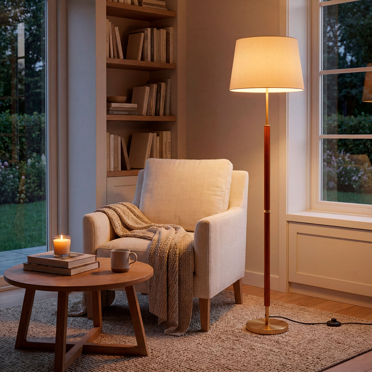 Lámpara decorativa al lado de un sillón orejero blanco en un rincón de descanso acogedor.