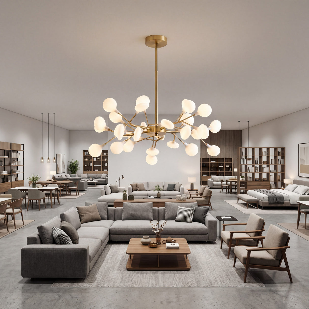 Lampara de techo Sputnik de gran formato para salas de estar de concepto abierto.