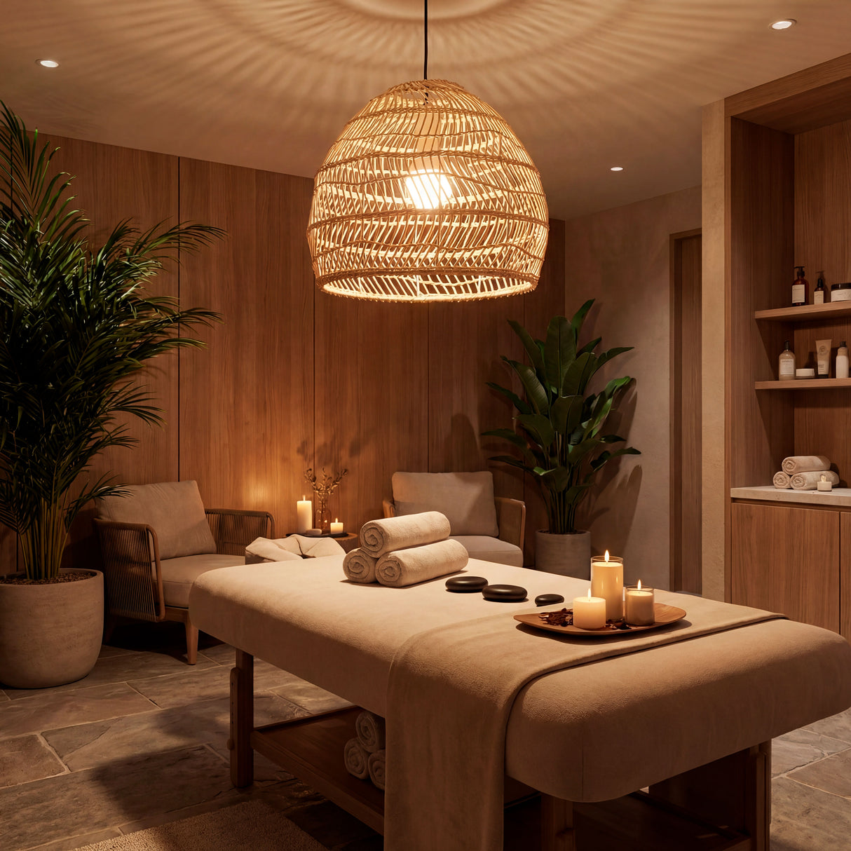 Aplicación de luminaria artesanal en sala de masajes para crear atmósfera de relax.