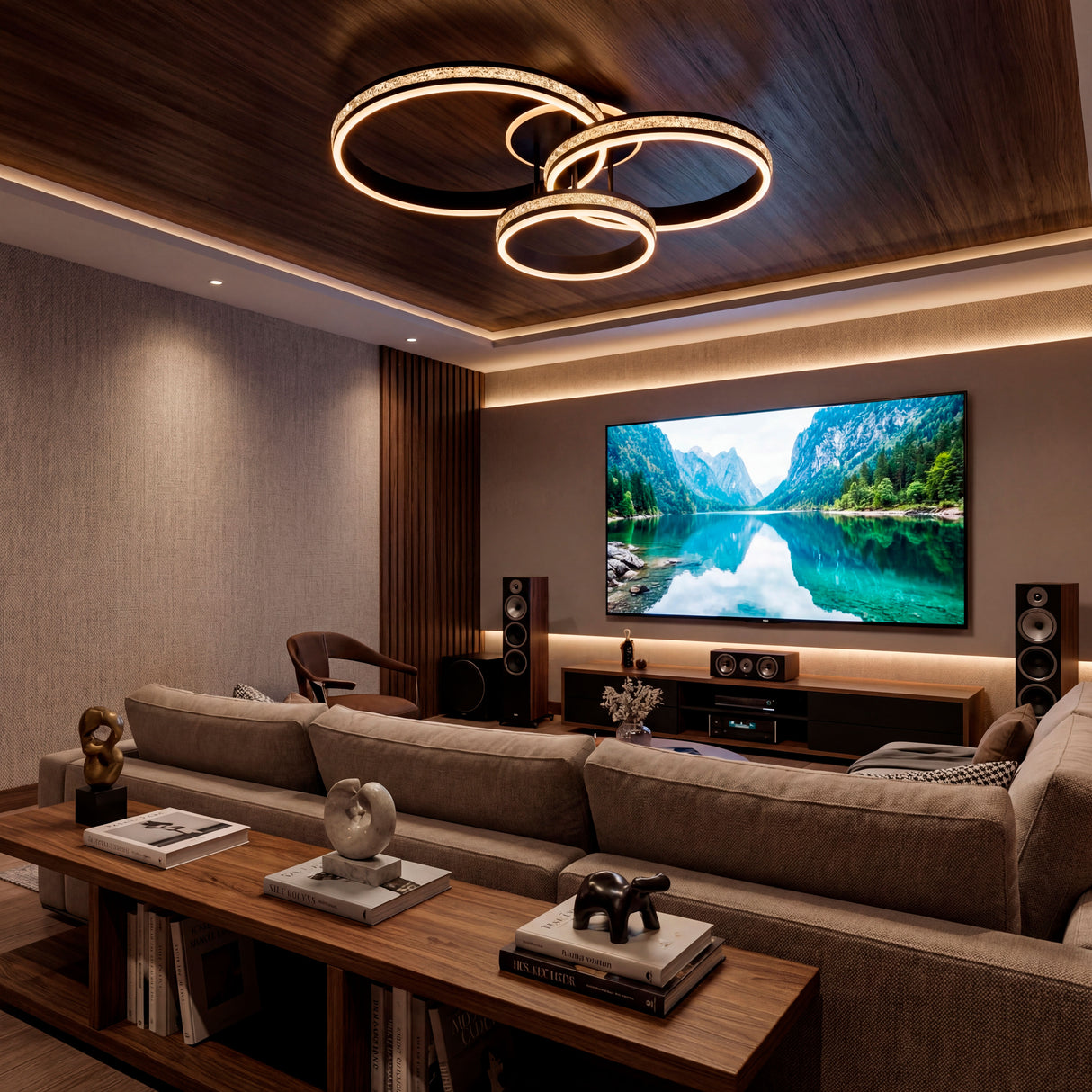 Sala de estar con luz cálida regulada para disfrutar de contenido multimedia.