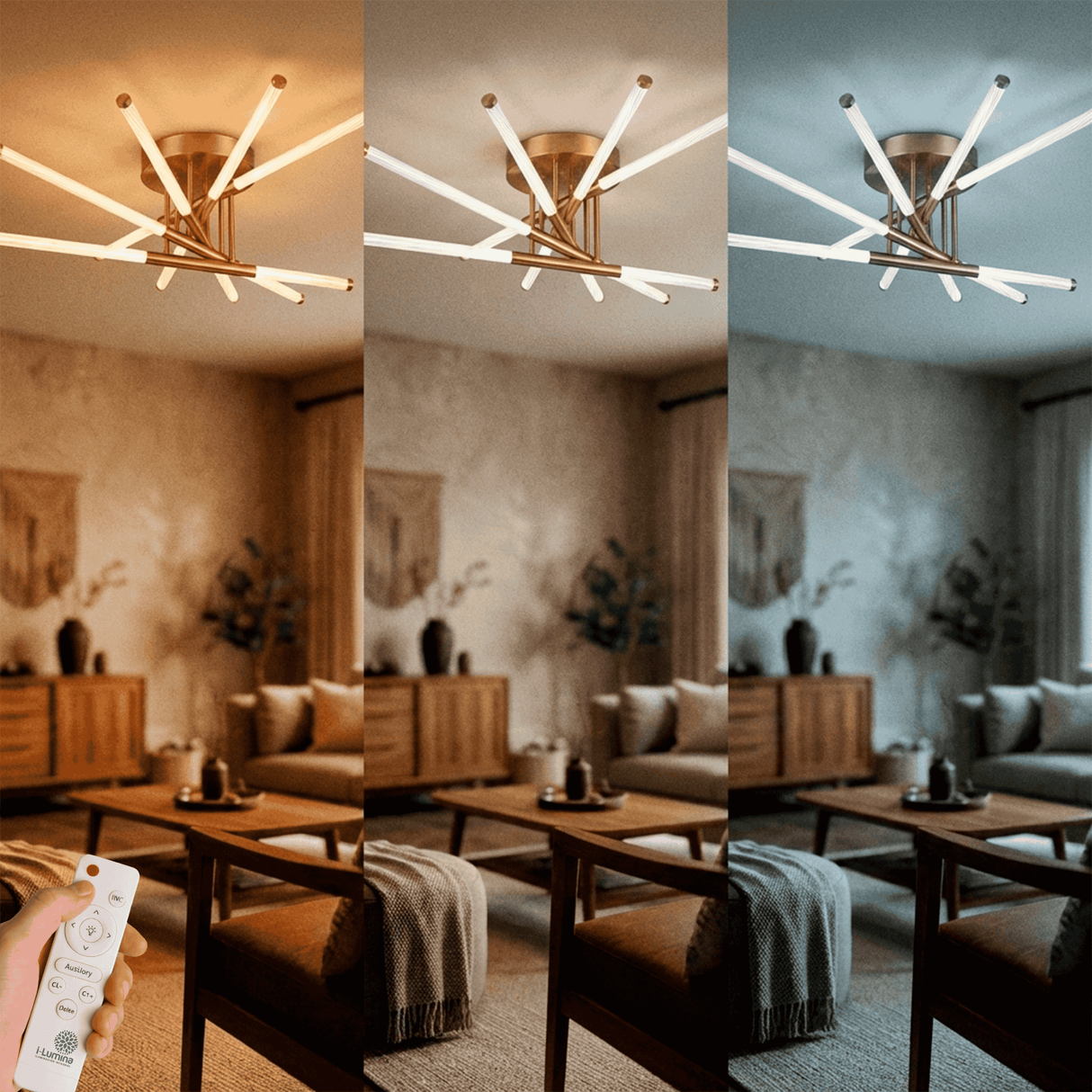 Tres ambientes de salón regulados mediante control remoto para máxima calidez visual.
