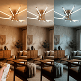 Tres ambientes de salón regulados mediante control remoto para máxima calidez visual.