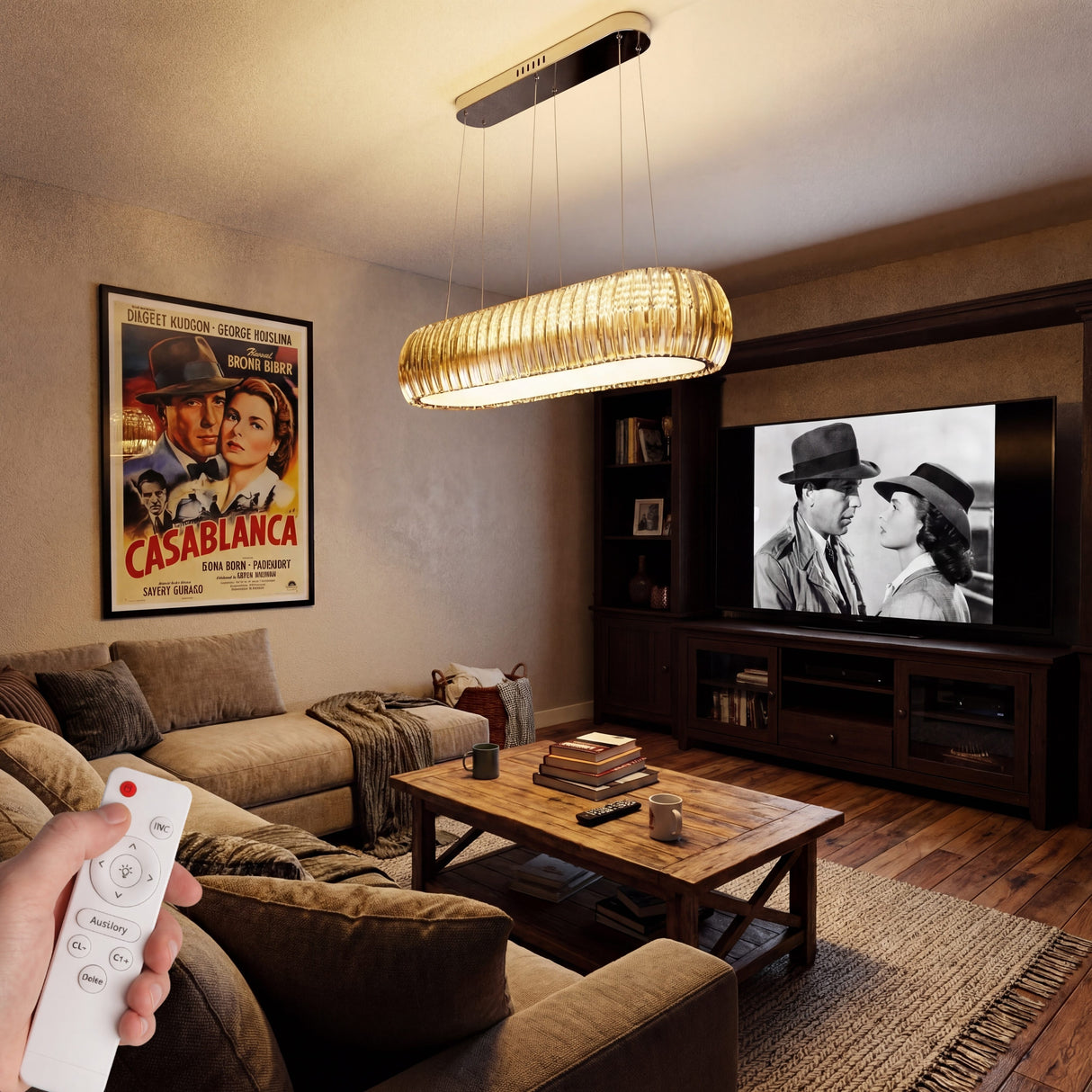 Luminaria colgante en sala de estar con luz cálida y diseño de cristal ámbar sobre mesa de centro.