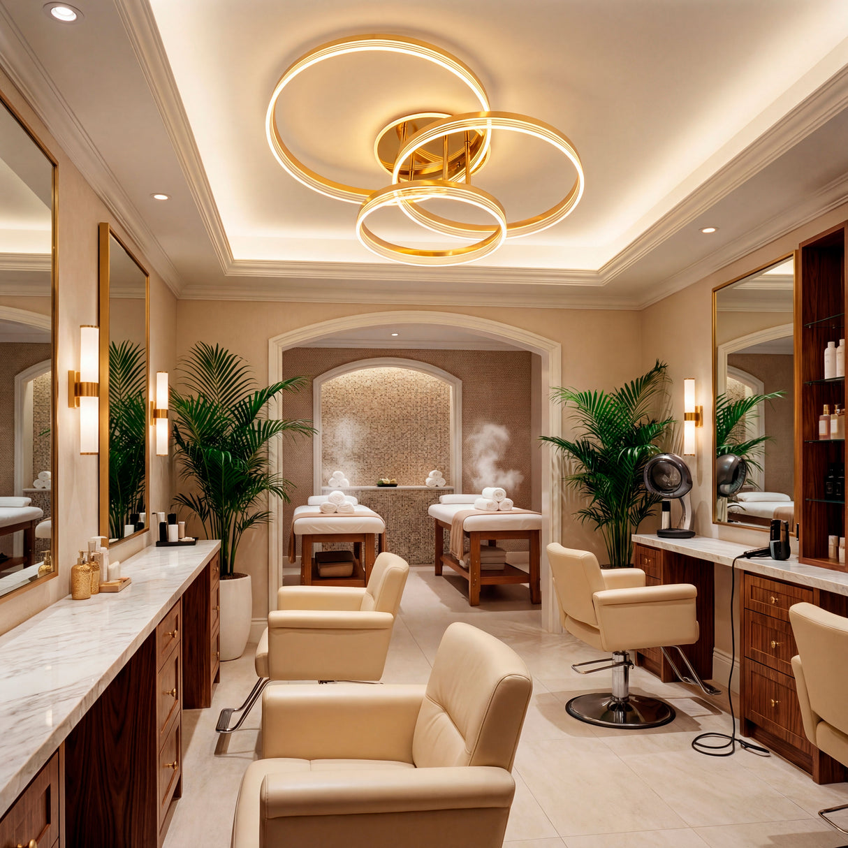 Luminaria decorativa técnica instalada en salón de belleza con puestos de peinado.