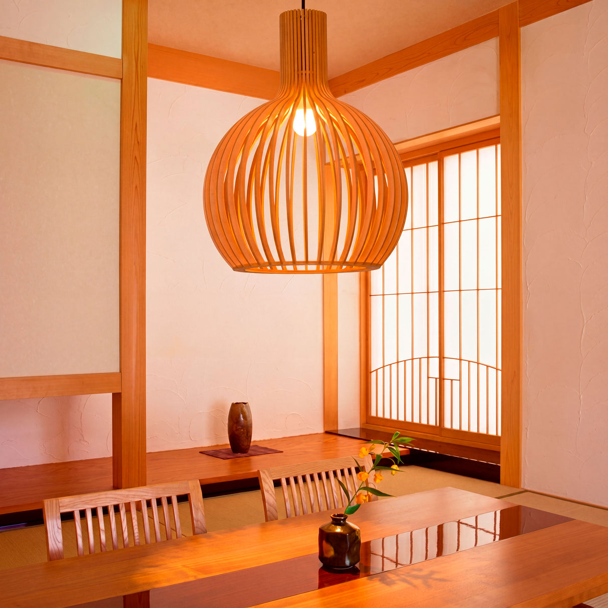 Lámpara Francisca Wood instalada en una habitación con tatami y paneles tradicionales.