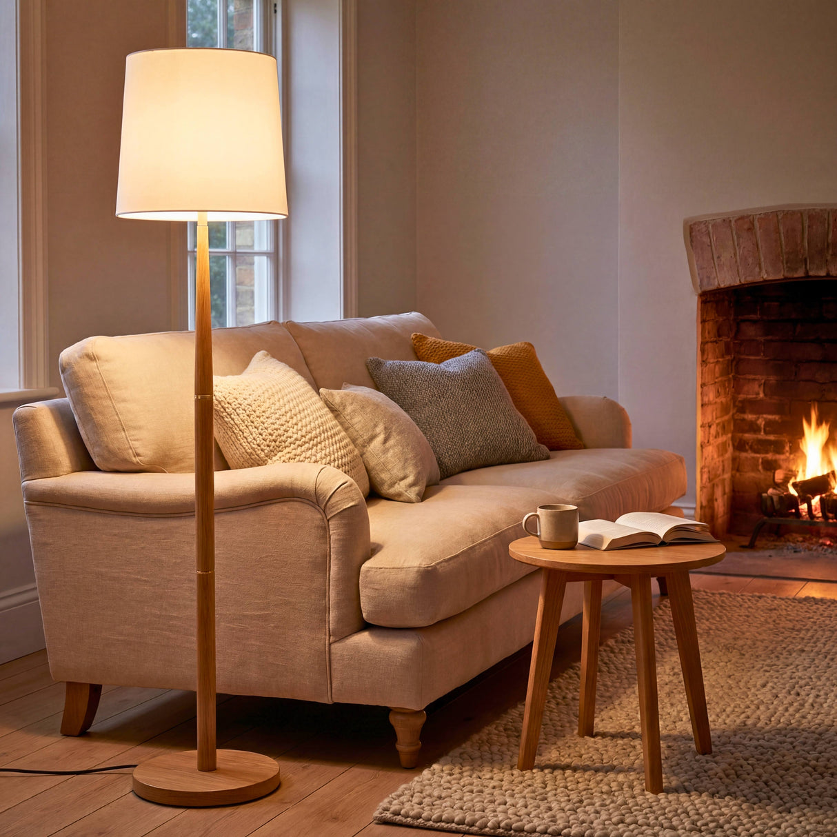 Lámpara de suelo esbelta proyectando luz de cortesía acogedora en una sala con suelos de parqué y chimenea.