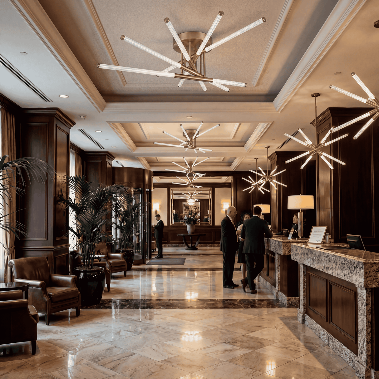 Instalación de múltiples luminarias radiales en lobby de hotel de diseño clásico-moderno.