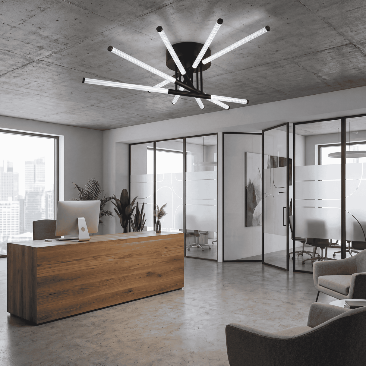 Configuración de luz para showrooms y tiendas con techos de hormigón visto.