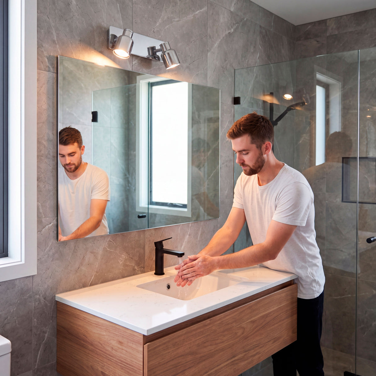 Luz técnica de soporte sobre espejo de baño para maximizar la visibilidad ergonómica.