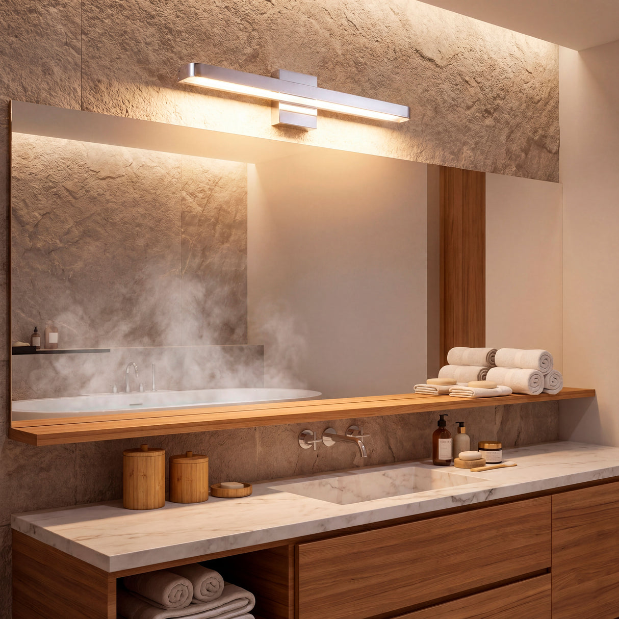 Ambiente de baño con vapor iluminado por el resplandor cálido de la Josefina Silver.