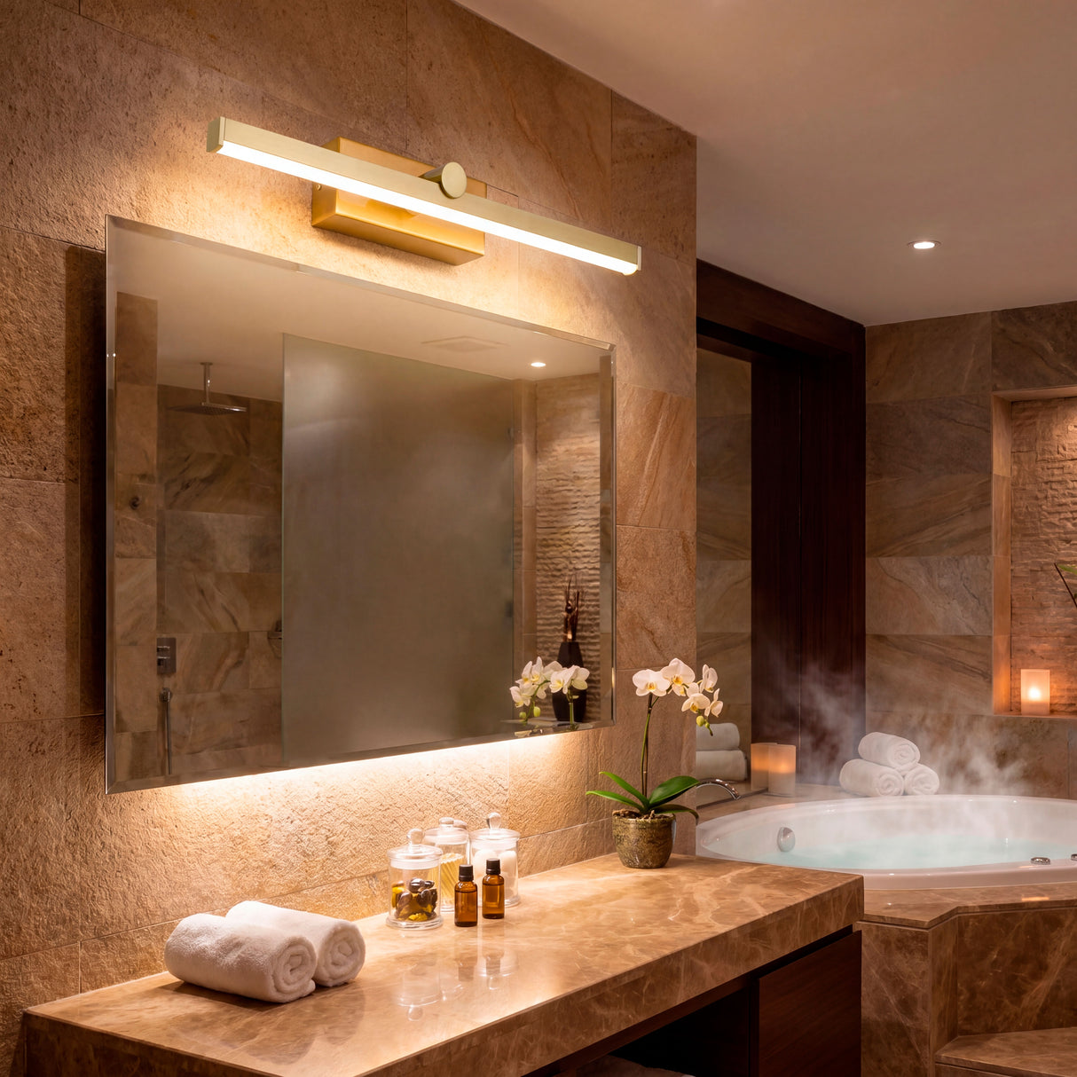 Aplique dorado en baño con bañera de hidromasaje y ambiente de relajación.