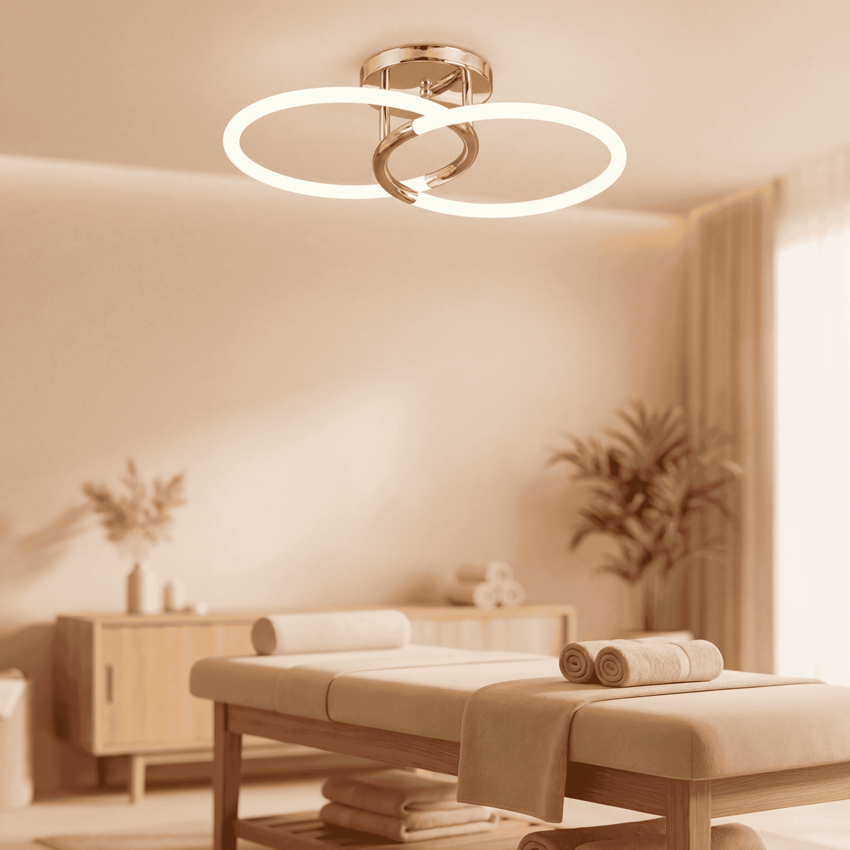 Plafón circular en sala de masajes proporcionando una atmósfera de relax y bienestar.