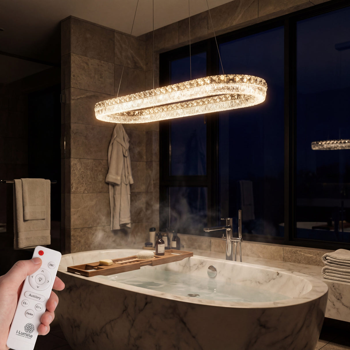 Ambiente de baño de lujo con iluminación LED resistente a la humedad y atmósfera zen.