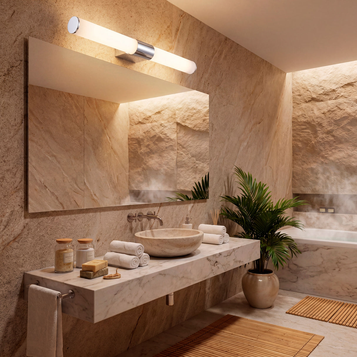 Aplique Nery Silver en baño de estilo piedra natural creando una atmósfera de relax.