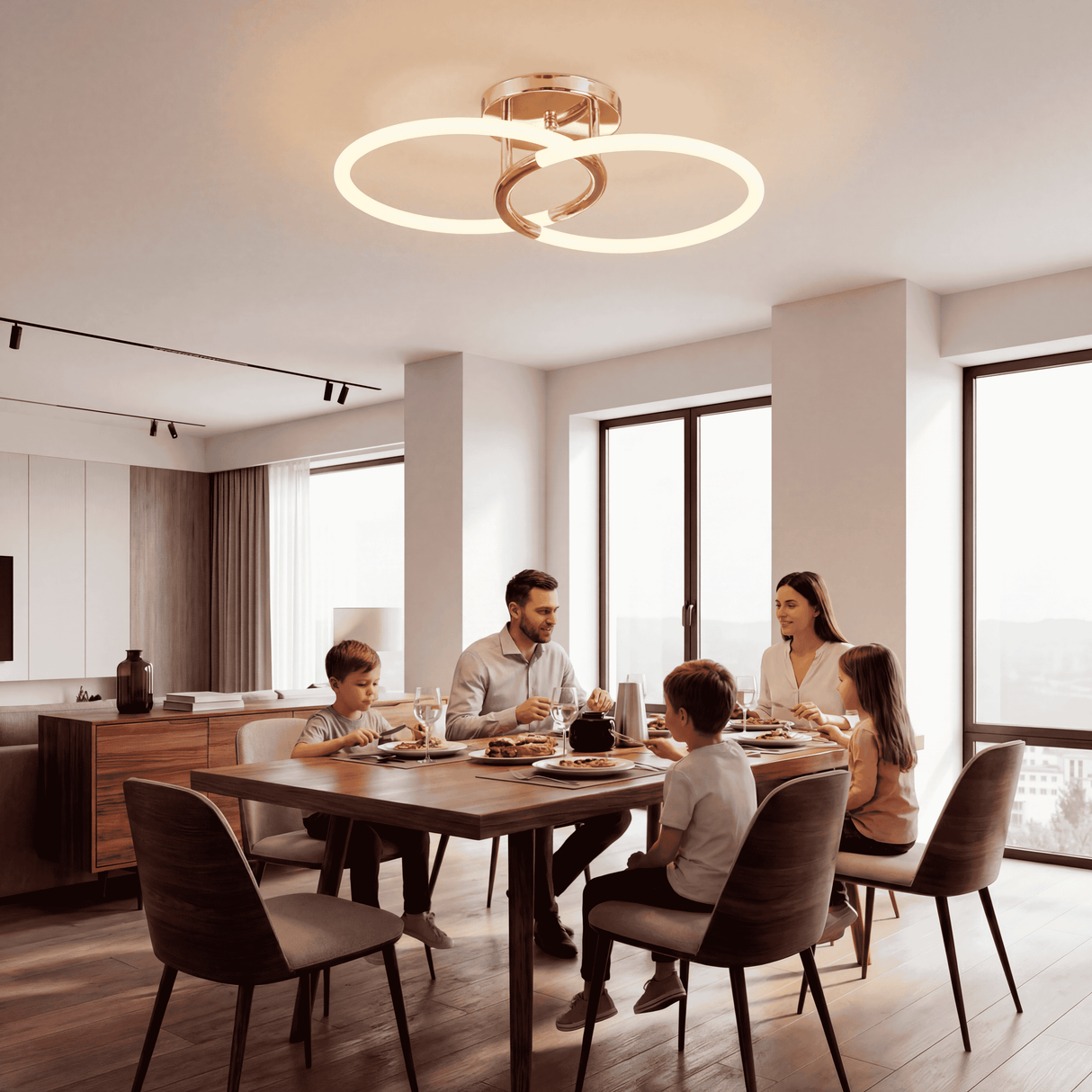 Escena de comedor con lámpara de diseño en tono oro y luz envolvente para reuniones.