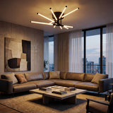 Plafón LED de diseño radial negro instalado en salón moderno con grandes ventanales.