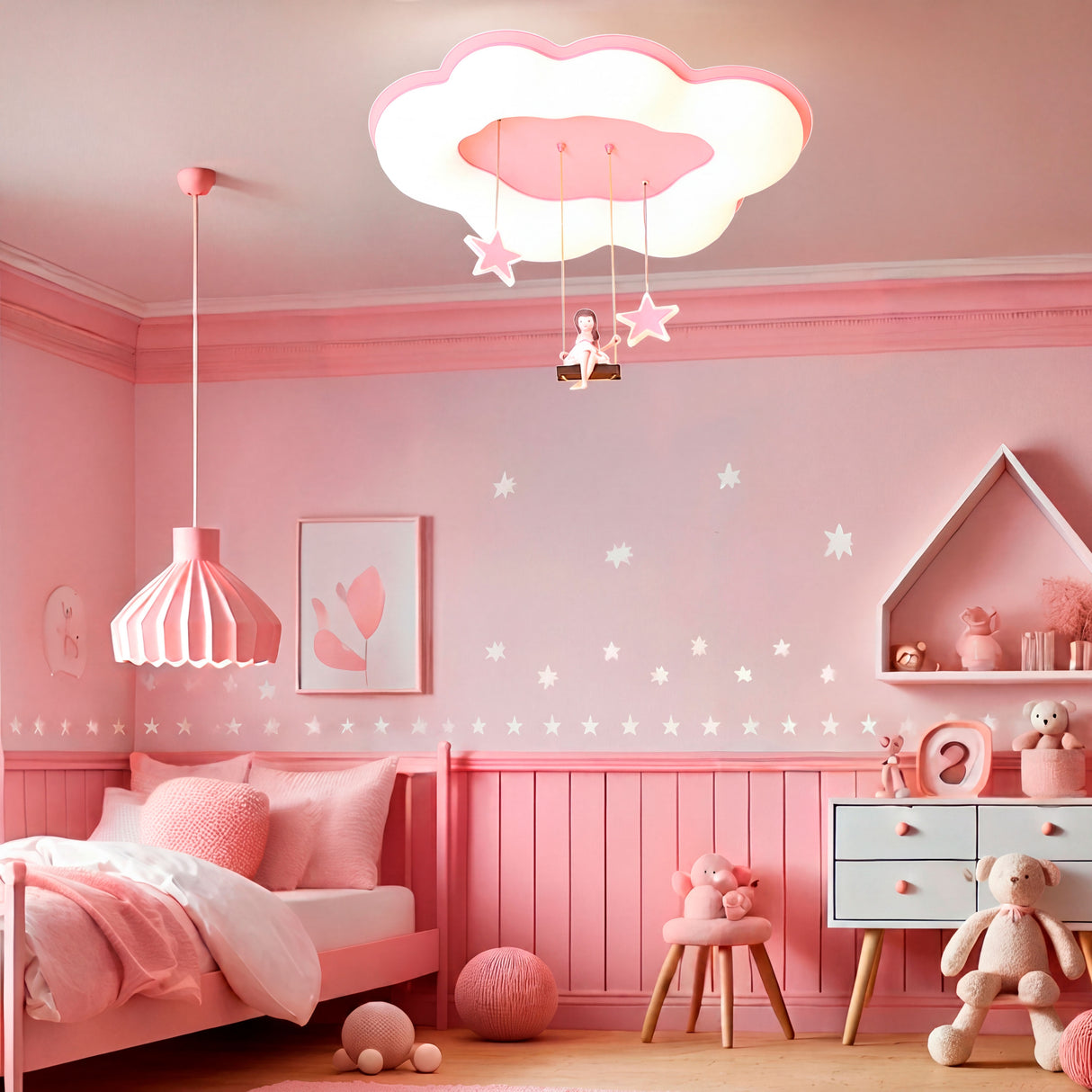 Lámpara Swing Cloud coordinada con decoración de paredes y mobiliario blanco.