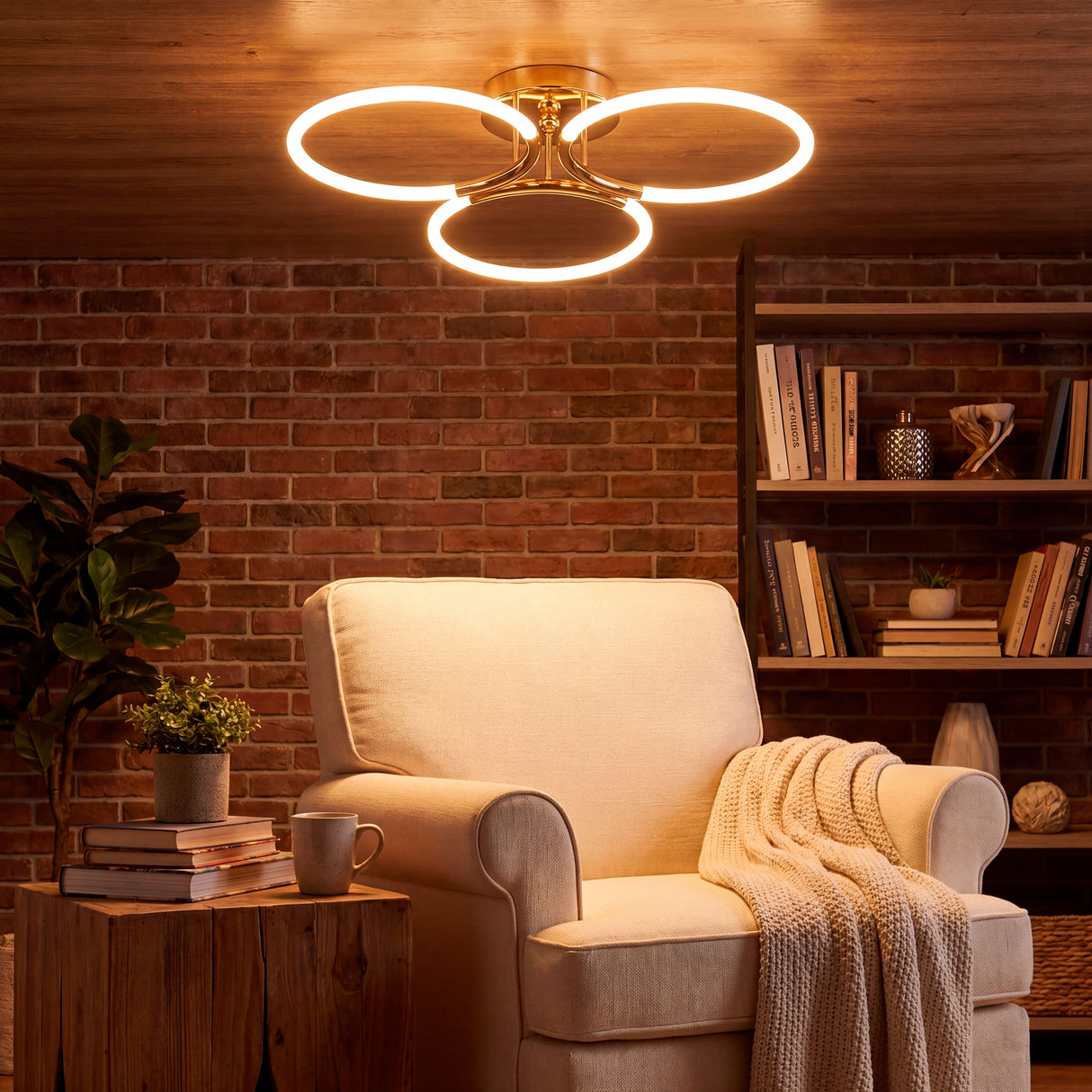 Plafón LED de tres aros dorados sobre sillón en sala de estar con luz cálida acogedora.