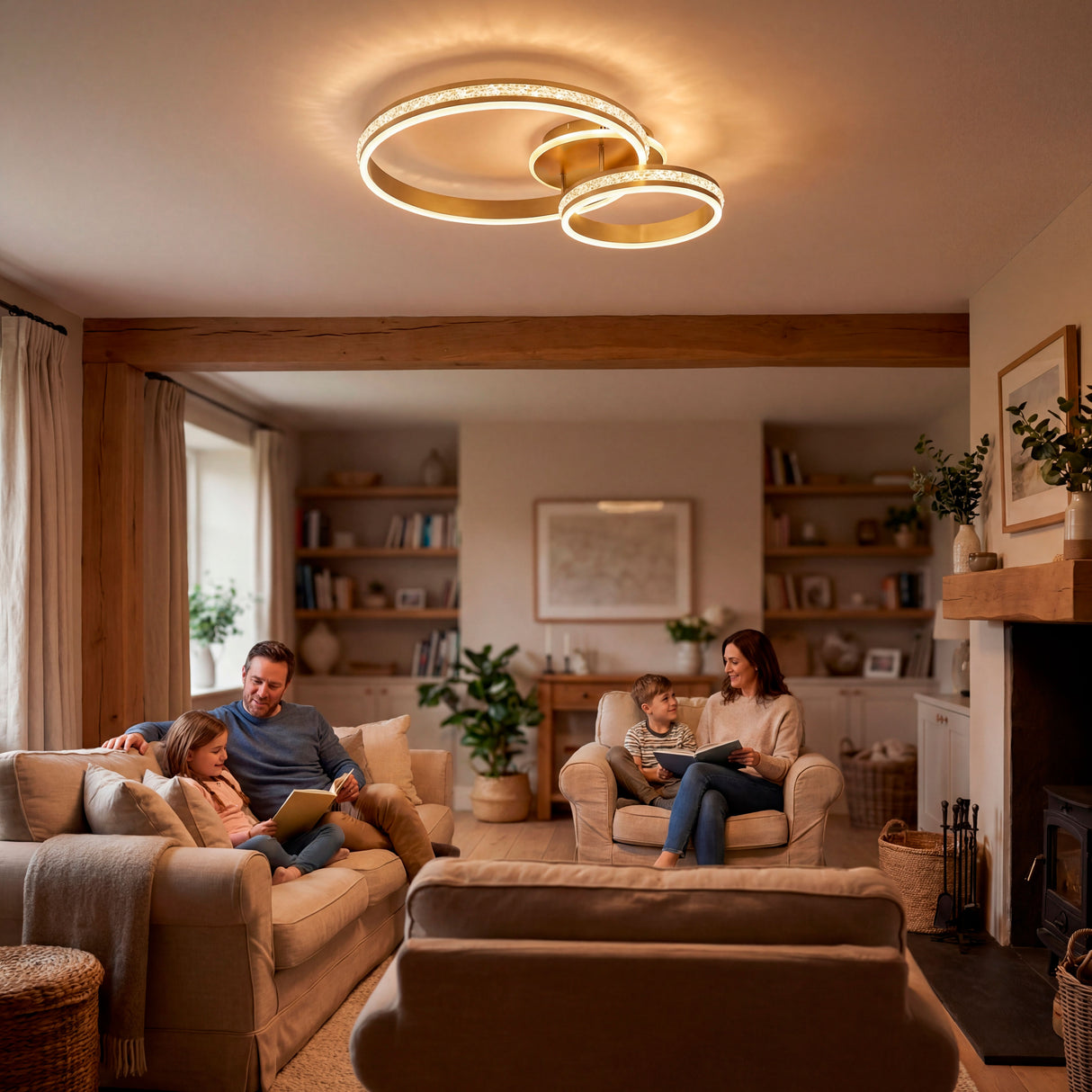 Integración de luminaria dorada en salón con chimenea y elementos rústicos modernos.