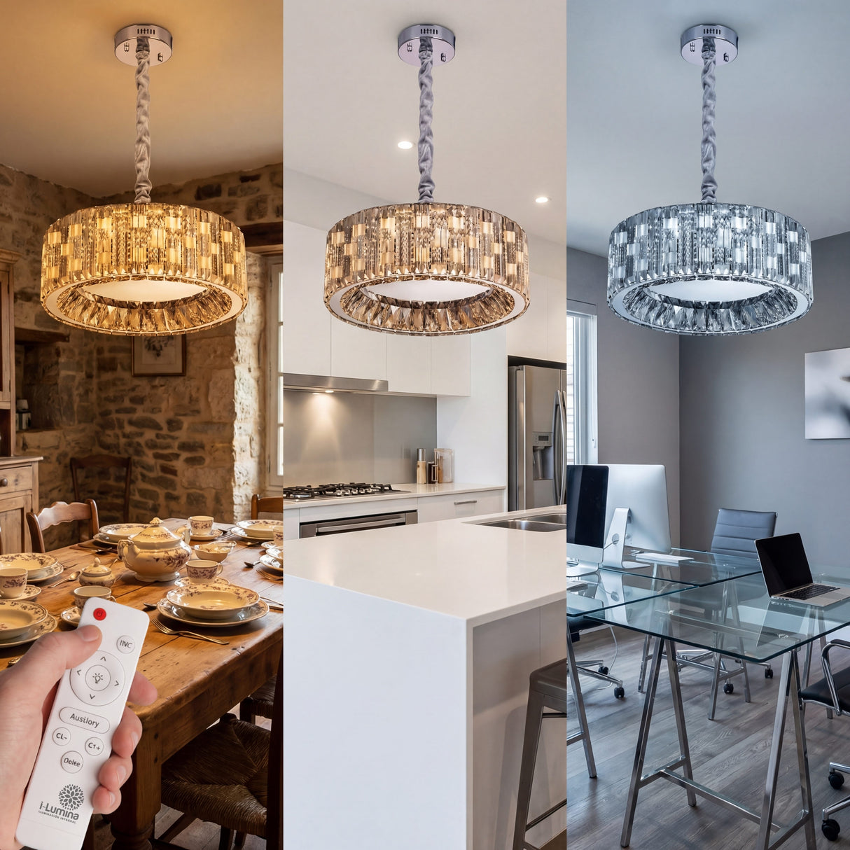 Comparativa de tres temperaturas de color: cálida, neutra y fría en ambiente de cocina moderna.