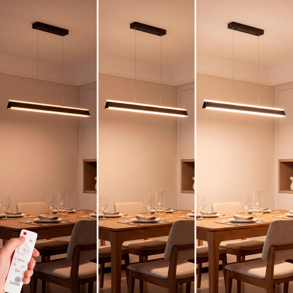 Luminaria lineal suspendida en salón con techos foseados y diseño de interiores contemporáneo.