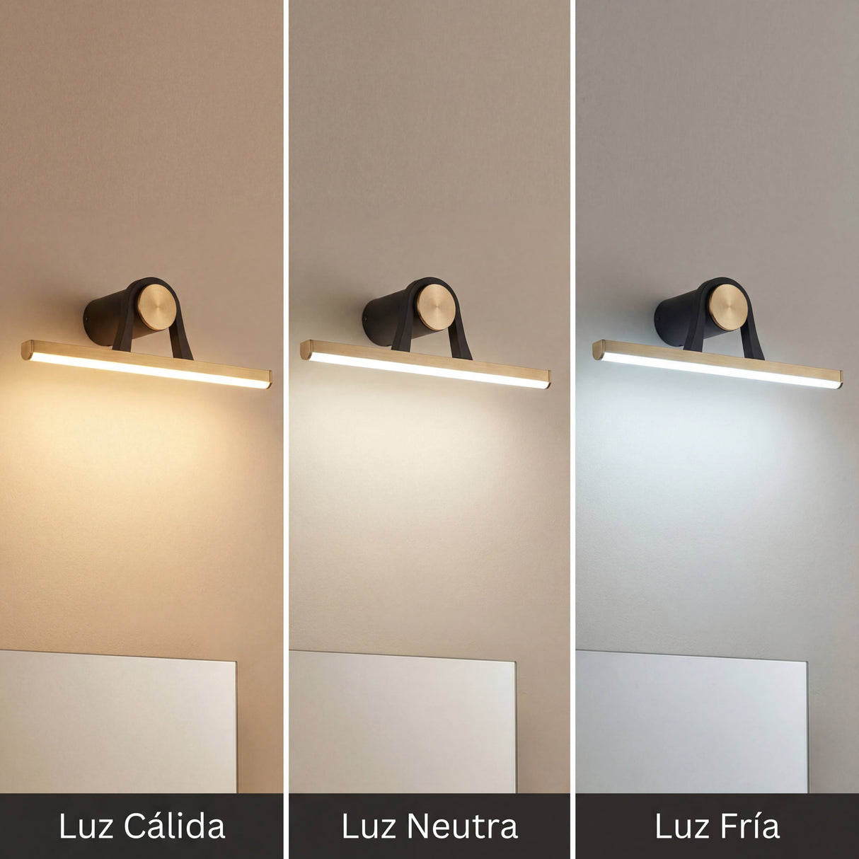 Muestra de tres temperaturas de color ajustables (cálida, neutra y fría) para iluminación funcional.