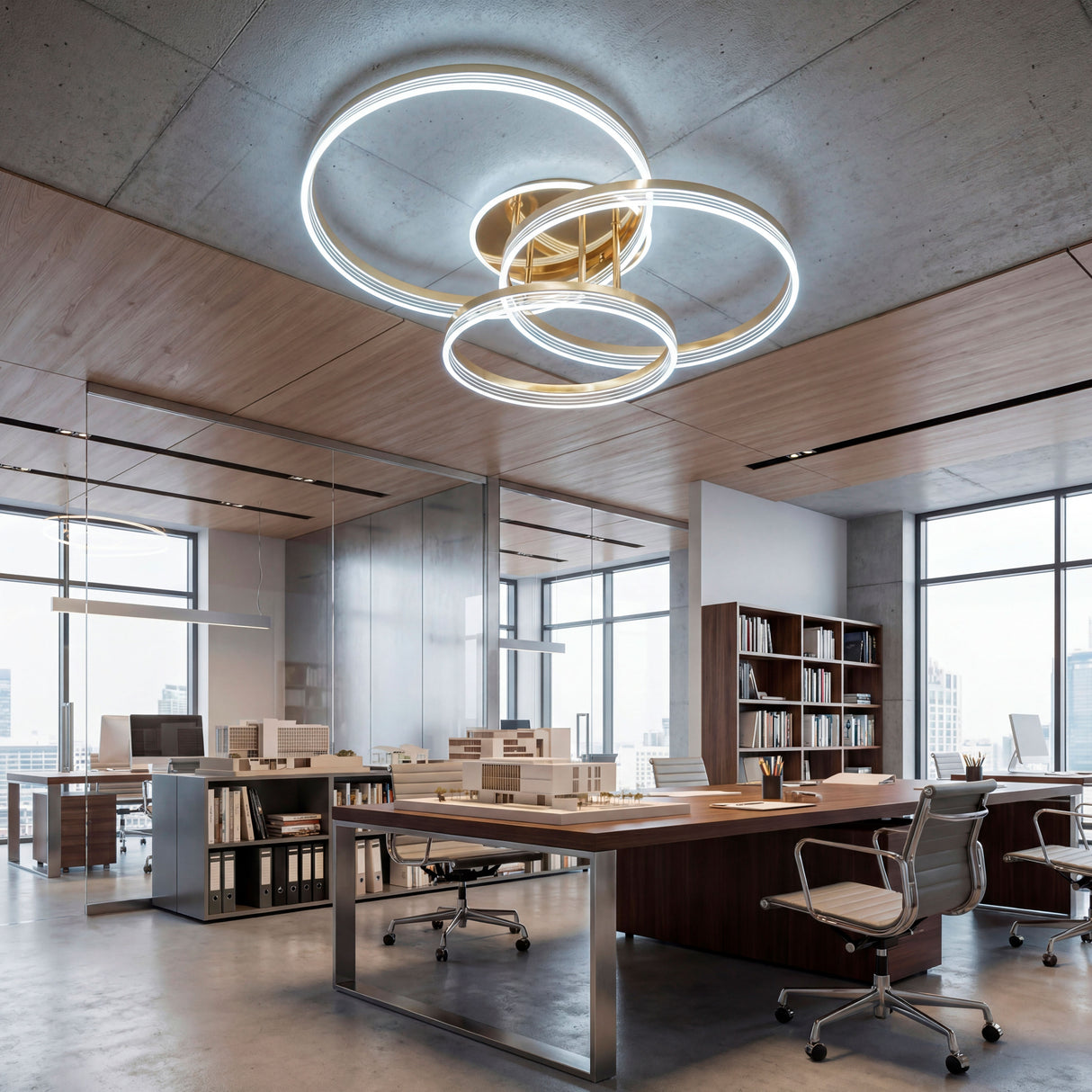Plafón de tres aros en área de trabajo compartida con luz blanca fría para concentración.