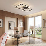 Plafón LED de diseño cuadrado negro iluminando un despacho de cristal con estética minimalista.