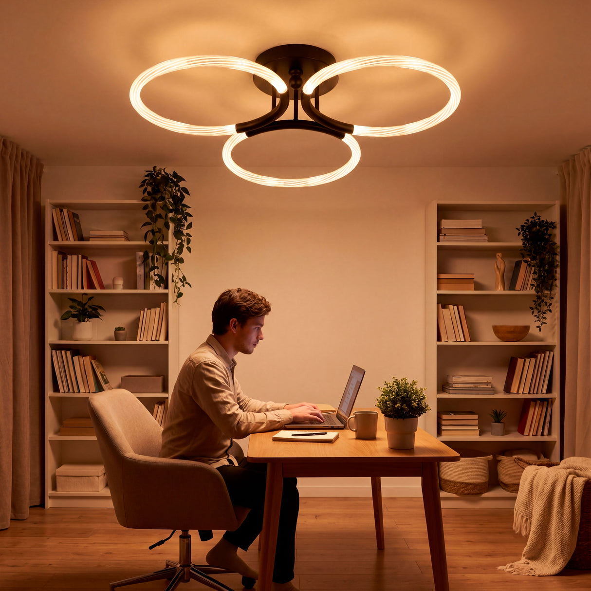 Plafón LED de tres aros negros en zona de estudio proporcionando luz cálida envolvente.