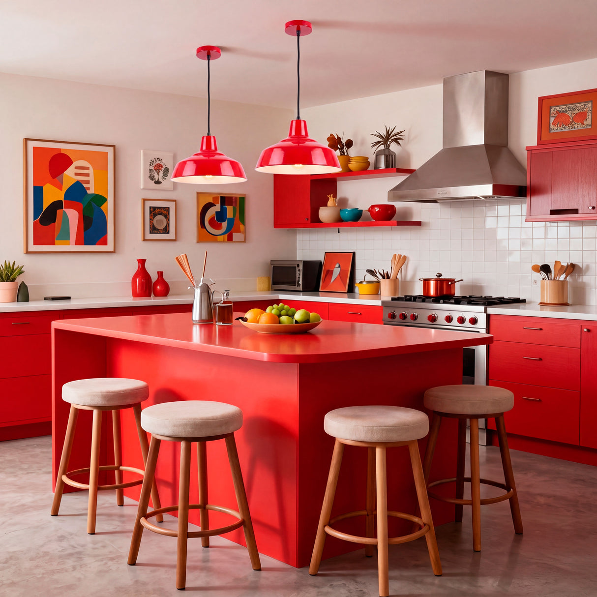 Dos luminarias de techo rojas suspendidas en simetría sobre una amplia isla de cocina moderna.