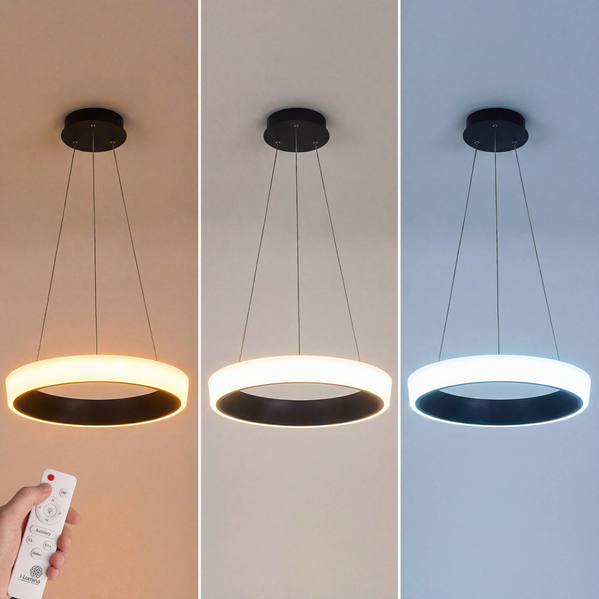 Comparativa de tres temperaturas de color: cálida, neutra y fría en formato circular.